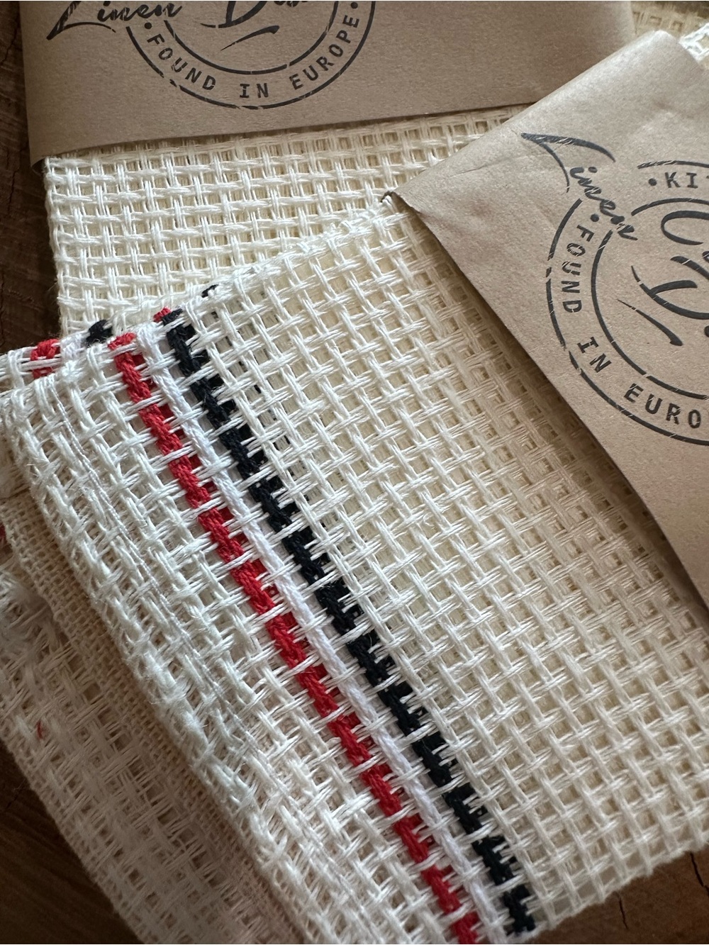 Classic Linen Dishcloth Set - White with Red & Blue Stripe - Picture 2 of 5